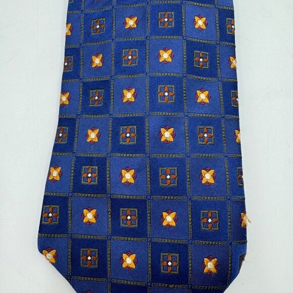 W.H. Belk Handmade 100% Silk Blue Tie With Orange & Yellow Floral Geometric - Picture 2 of 6